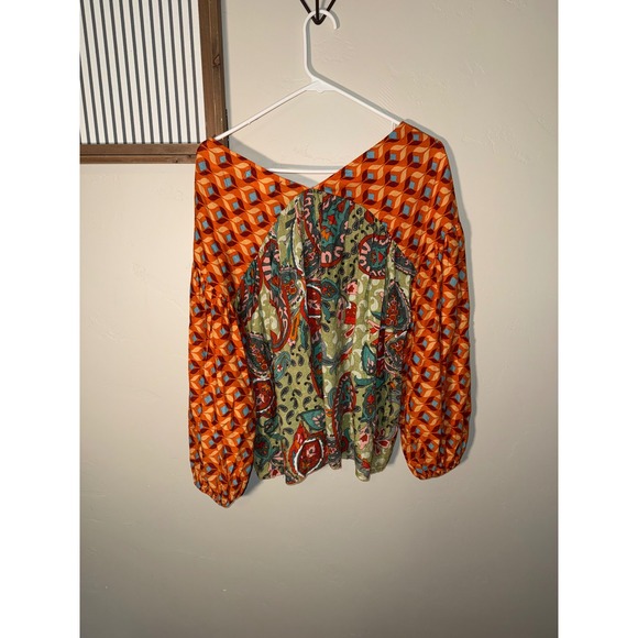 Bucketlist Mixed Print Paisley Geometric V-Neck Blouse Orange Green Small - Picture 3 of 6